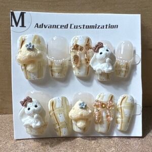 3D Bunny Mushroom Press On Nails Yellow Plaid Custom Cottagecore Set